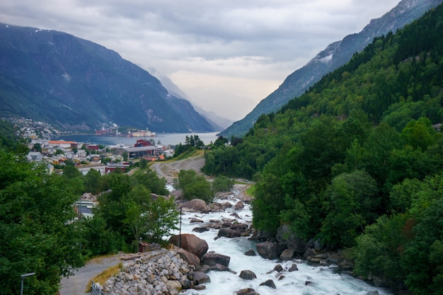 Beautiful norwegian landscape with fjord in Odda, tourist places in Norway, view for postcard and wallpaper