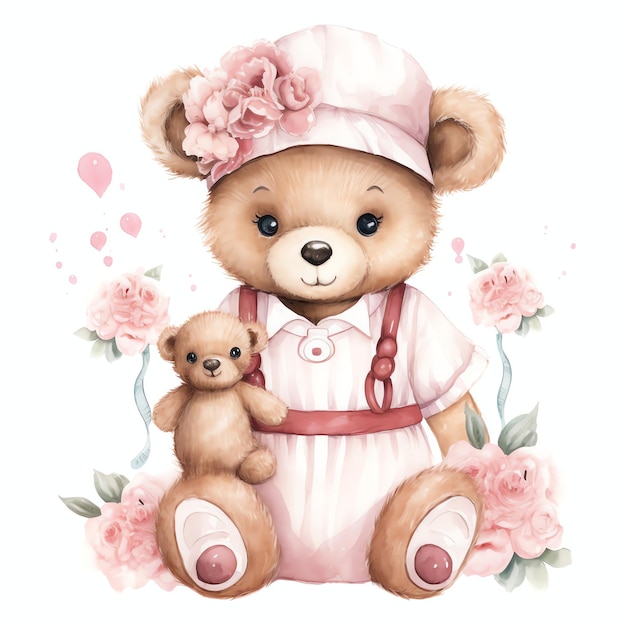 Photo beautiful nurse teddy pink teddy bear watercolor clipart illustration