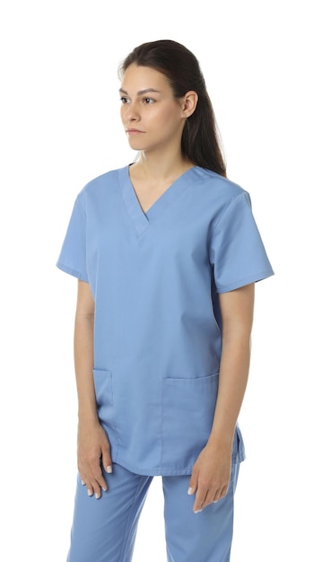 beautiful nurse in uniform on white background