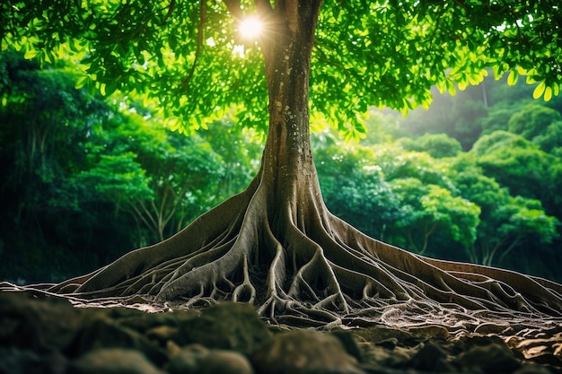 Beautiful oak tree with green foliage on a background of blue sky and green grass under the crown