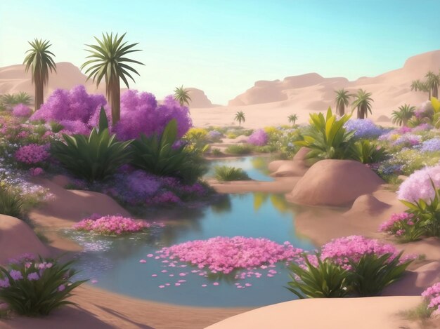 Beautiful oasis in desert Generative AI Illustration