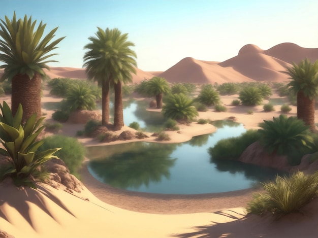 Beautiful oasis in desert Generative AI Illustration