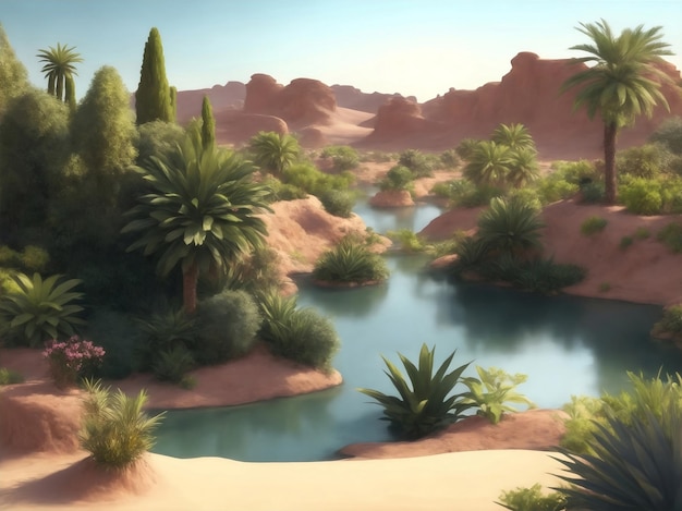 Beautiful oasis in desert Generative AI Illustration