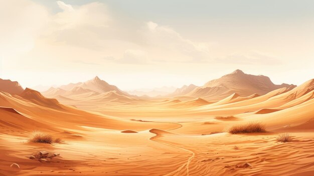 Beautiful oasis in the sandy desert panorama of the desert landscape sunset over the sands