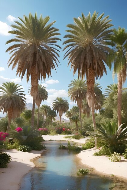 Photo a beautiful oasis with tropical plants in desert