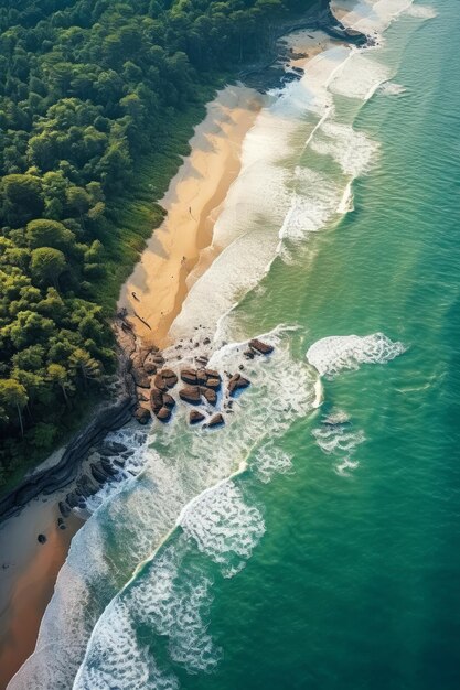 a beautiful ocean beach near green forests