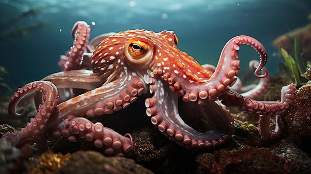 Beautiful octopus with blue sea water