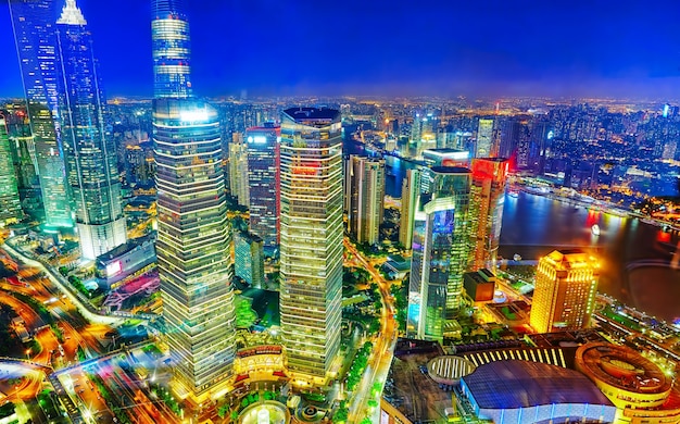 Beautiful and office skyscrapers,night view city building of Pudong, Shanghai, China.