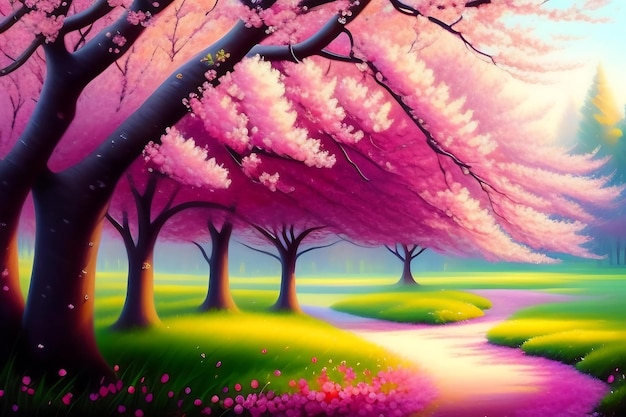 桜、春の花、花の木、アートワークの美しい油絵