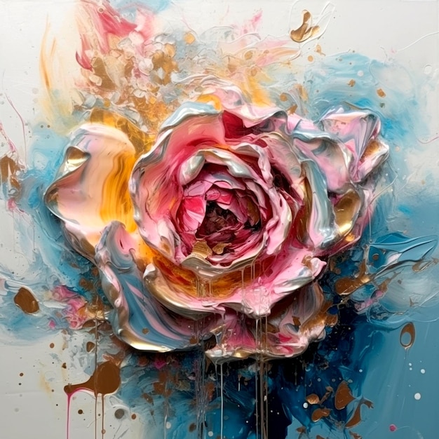 beautiful oil painting of a pink rose golden and light blue theme