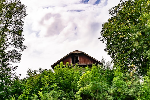 Beautiful old abandoned building farm house in countryside on natural background