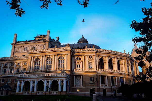 Beautiful old architecture on blue sky background Historical building Facade Selective focus