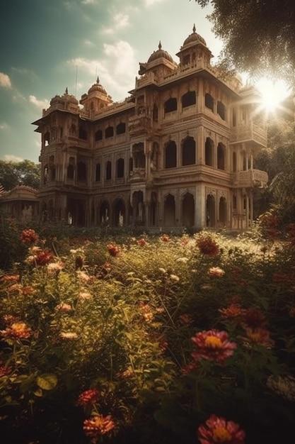 A beautiful old building in the middle of a garden with flowers.