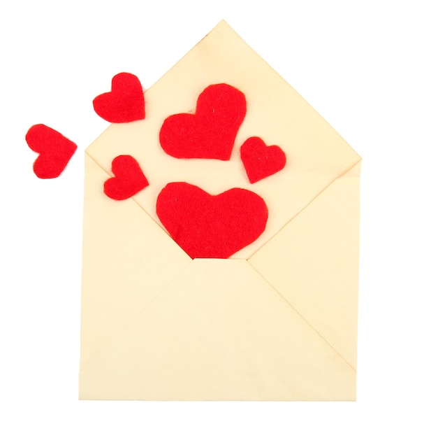 beautiful old envelope with decorative hearts, isolated on white