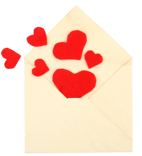 Beautiful old envelope with decorative hearts, isolated on white