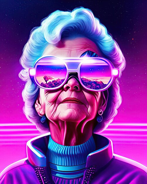 Foto bellissima vecchia nonna al neon