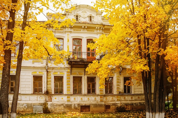 秋の黄色の木々の中で美しい古い家