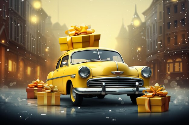 Красивая старая ретро желтая блестящая машина в городе с подарочными коробками с луками Продажа и продвижение в дилерском магазине Креативная открытка на праздник Генеративный ИИ