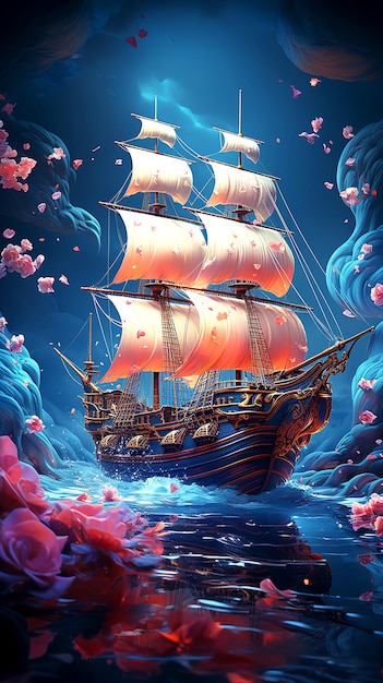 Photo a beautiful old royal ship sails in the deep sea on a beautiful night