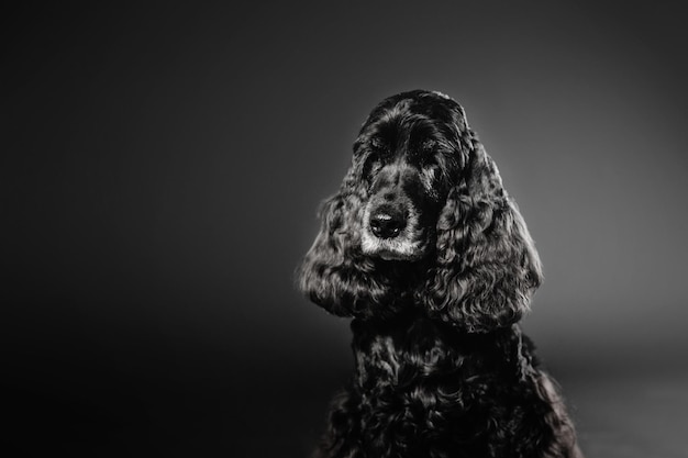 Beautiful old white-haired black spaniel dog portrait on black background