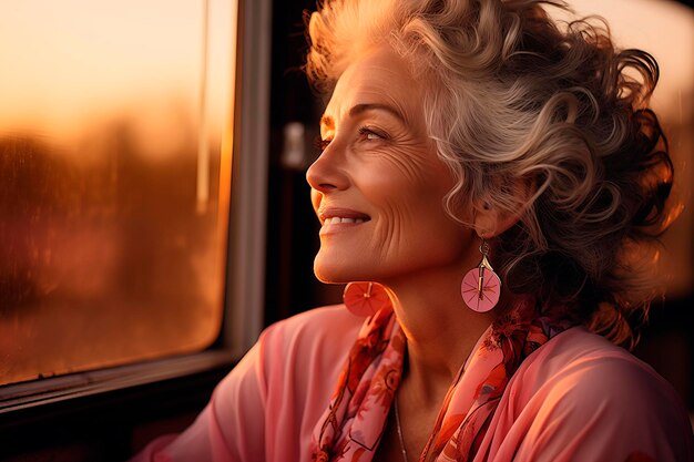beautiful old woman at sunset