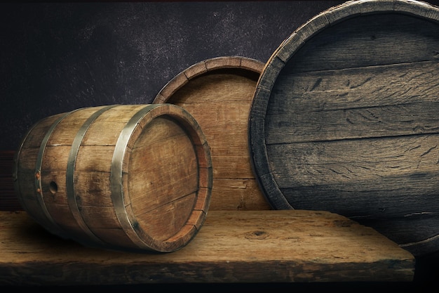 Beautiful old wooden barrels on a creative background