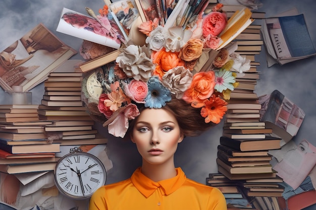 Foto bella donna in stile oldschool con una pila di libri sopra la testa collage di tempo e spazio di arte contemporanea immagine generativa di intelligenza artificiale