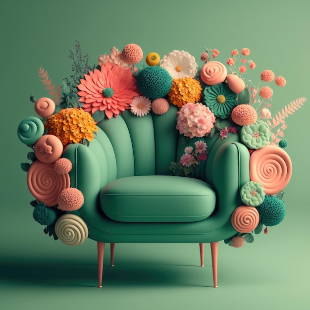 Beautiful oneseater green sofa decorated with colorful flowers Spring design Generative AI