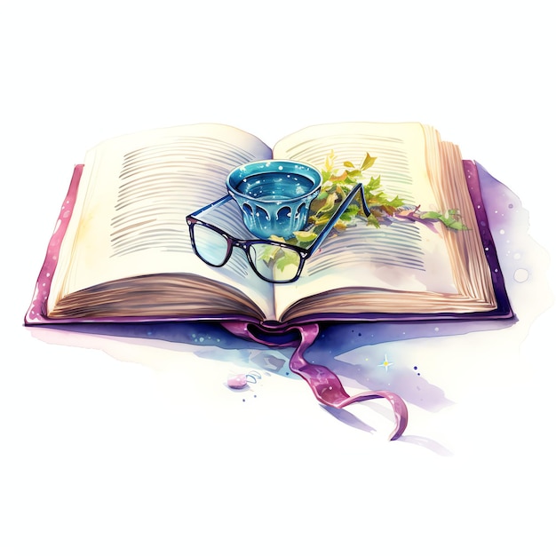 beautiful Open book with a bookmark and glasses resting on it watercolor clipart