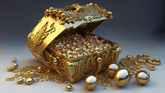 Beautiful Open treasure chest full of treasure gold money and pearls