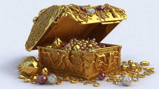 Photo beautiful open treasure chest full of treasure gold money and pearls