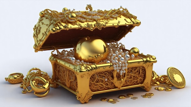 Beautiful Open treasure chest full of treasure gold money and pearls