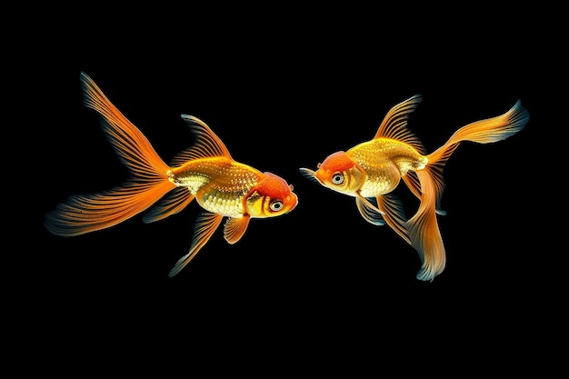 Photo beautiful oranda goldfish swimming in the tank isolated on black