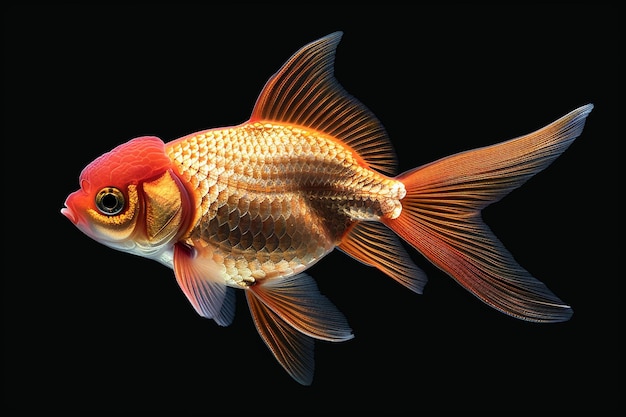 Photo beautiful oranda goldfish swimming in the tank isolated on black