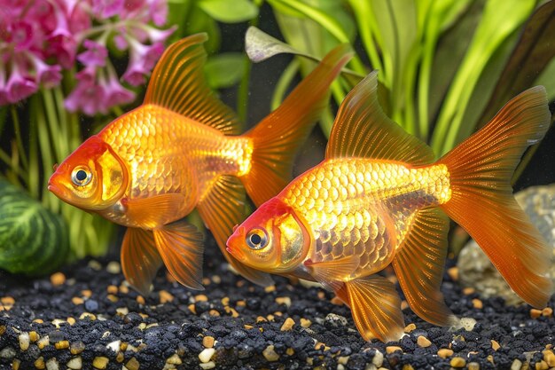 Beautiful oranda goldfish swimming in the tank isolated on black