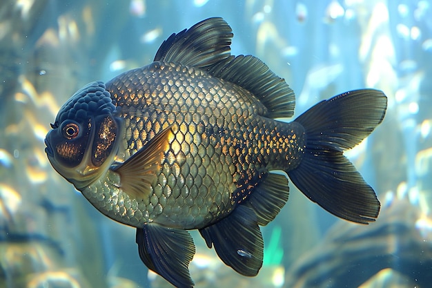 Красивая золотая рыбка плавает в аквариуме, изолированной на черном.