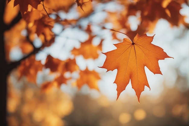 Beautiful orange autumn maple leaf close up in forest with soft focus in sunlight