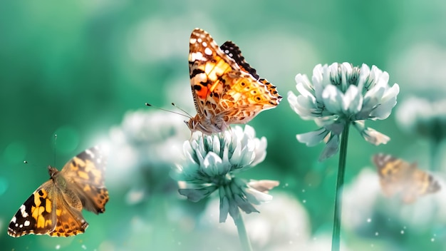 Beautiful orange butterfly on white clover flowers in a fairy\
garden summer spring bright green background macro composition\
banner format