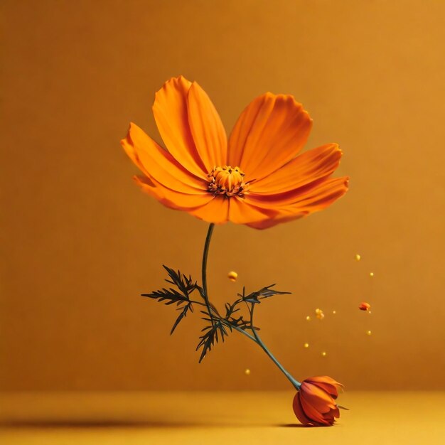 Photo beautiful orange cosmos flower falling in the air isolated on yellow background levitation