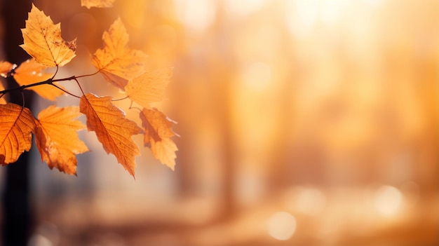 아름다운 오렌지색과 황금색의 가을 잎은 아름다운 보케와 함께 빛에 흐릿한 공원에 맞춰 있습니다.
