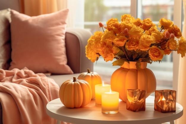 Beautiful orange halloween interior with pumpkins and yellow flowers