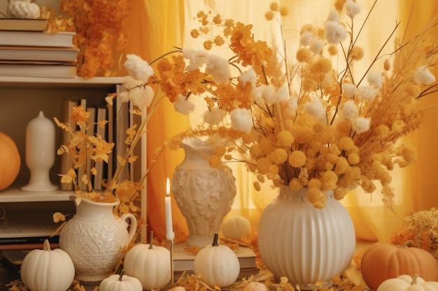 Beautiful orange halloween interior with pumpkins and yellow flowers