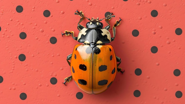 A beautiful orange ladybug sits on a red background with black polka dots The ladybug has its wings closed and is facing the viewer