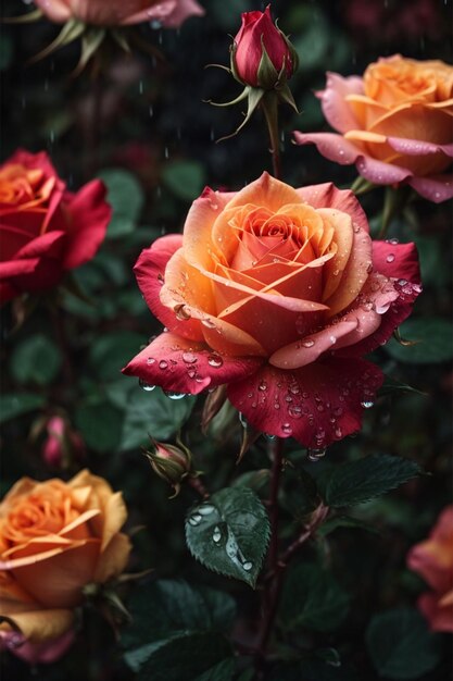 Beautiful orange roses with rain drops on petals in the garden