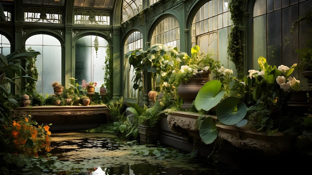 beautiful orangery with many plants