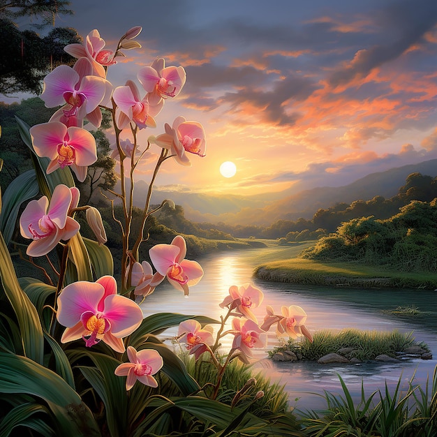 Beautiful Orchid Garden with Scenic River Birds and Colorful Sky A Nature's Love and Light Portrait