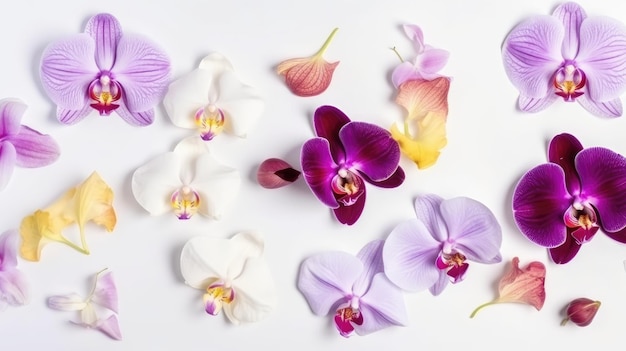 Beautiful orchid petals on a colorful background Spring concept Generative AI