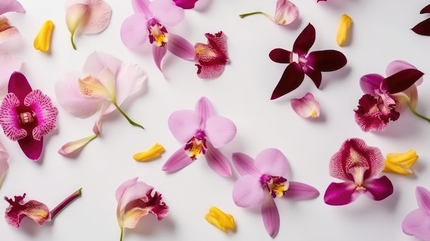 Beautiful orchid petals on a colorful background Spring concept Generative AI