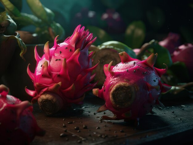 Beautiful organic background of freshly picked dragon fruits created with Generative AI technology