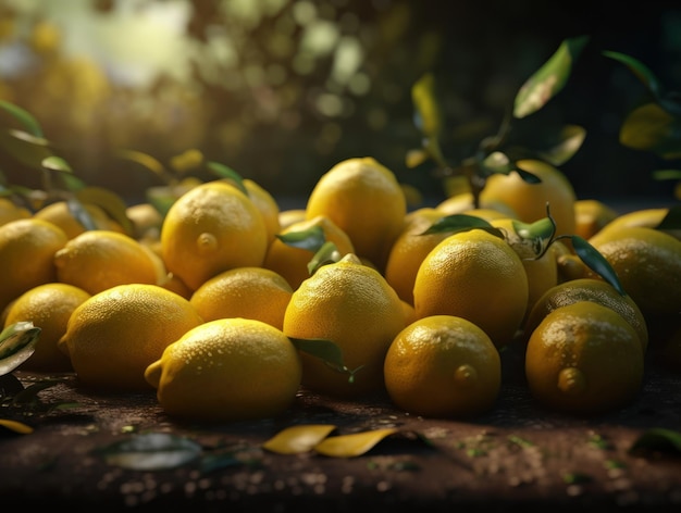 Beautiful organic background of freshly picked lemons created with Generative AI technology